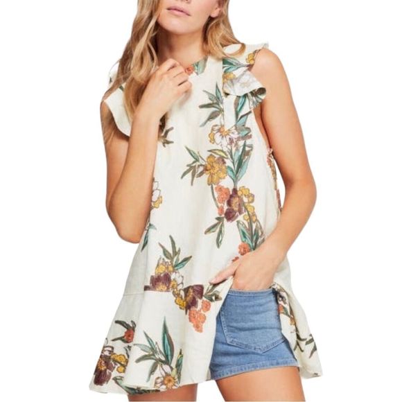 Free People Summer in Tulum Cream Floral Bow Tie Back Printed Top size Medium - Picture 1 of 14